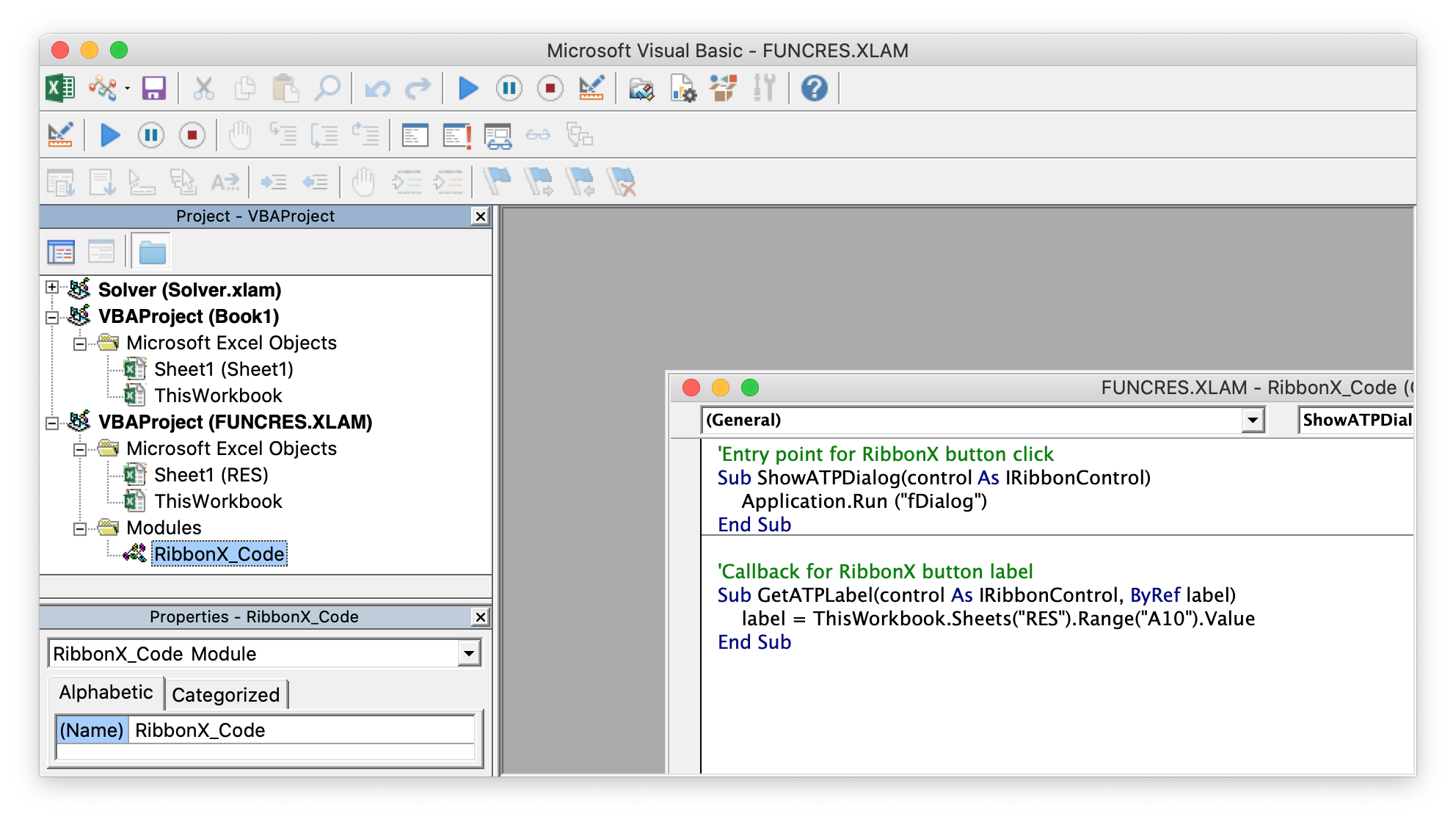 Image of the VBA editing window on Mac