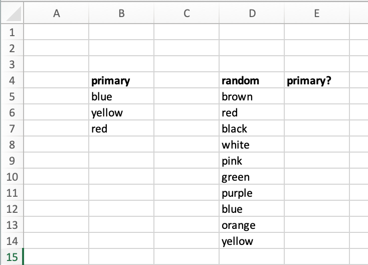 Lists of colours for the example in this chapter